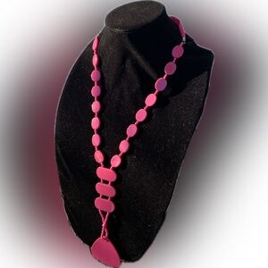 Tahari Pink Beaded long Y-drop Necklace soft fabric chain tie 32”